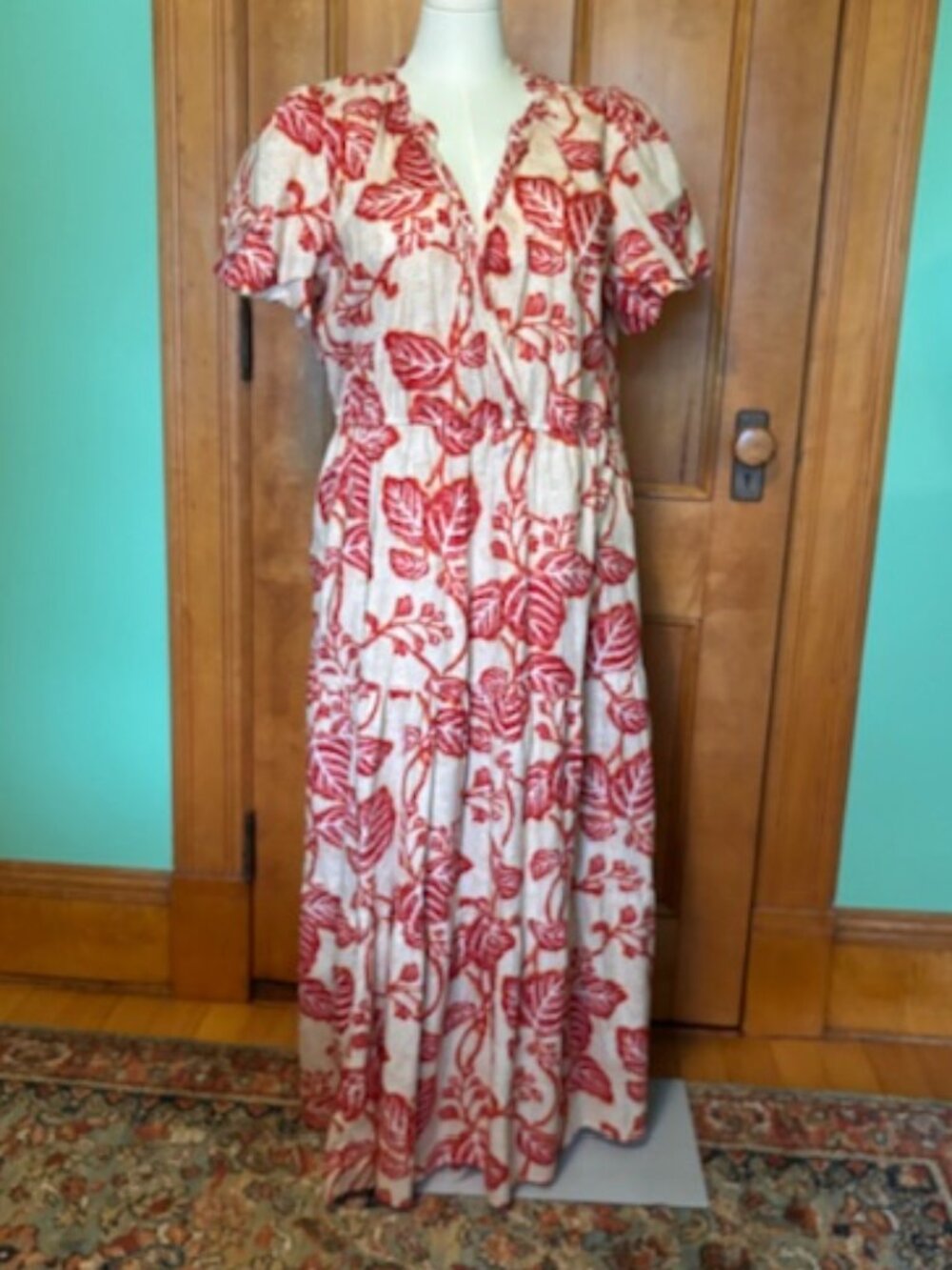 Fat Face Midi Dress in Red and Cream; Size 18